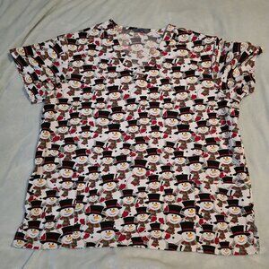 Snowman Print V-Neck Scrub Top 2X By Serene‎ Uniforms